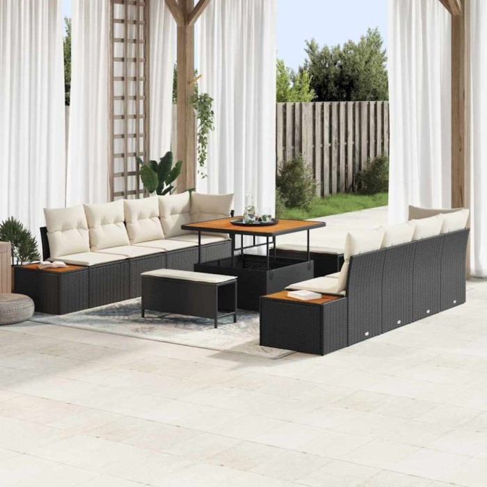 Set de Canapea pentru Grădină cu 11 Piese, cu Perne, Negru, din Rattan Poliester și Acacia.