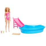 Set de joaca cu papusa Barbie, piscina cu tobogan si accesorii, HRJ74