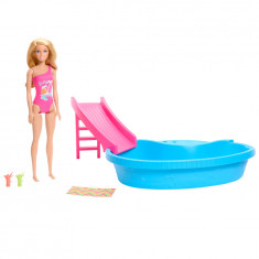 Set de joaca cu papusa Barbie, piscina cu tobogan si accesorii, HRJ74