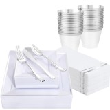 Set 175 piese pentru petrecere Versatyx, Farfurii mari si mici, Tacamuri, Pahare, Servete, Reutilizabile, Pentru mese festive, Patrat, Argintiu