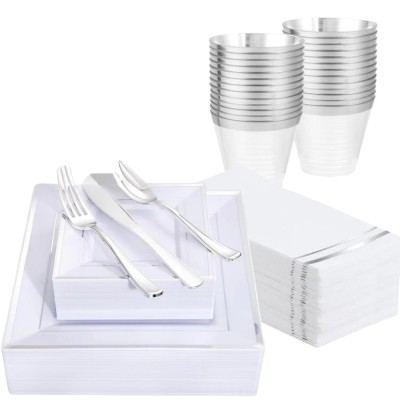 Set 175 piese pentru petrecere Versatyx, Farfurii mari si mici, Tacamuri, Pahare, Servete, Reutilizabile, Pentru mese festive, Patrat, Argintiu foto