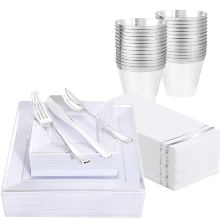 Set 175 piese pentru petrecere Versatyx, Farfurii mari si mici, Tacamuri, Pahare, Servete, Reutilizabile, Pentru mese festive, Patrat, Argintiu