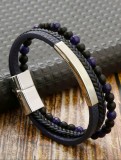 Bratara de piele cu 3 randuri de cureluse: Impletita, Margele, Inox, Bleomarin Inchis, 19 cm, Standard, Unisex