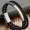 Bratara de piele cu 3 randuri de cureluse: Impletita, Margele, Inox, Bleomarin Inchis, 19 cm, Standard, Unisex