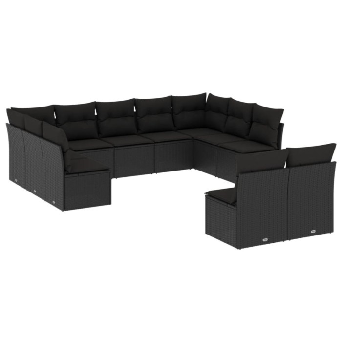 Set canapele de gradina cu perne, 11 piese, negru, poliratan