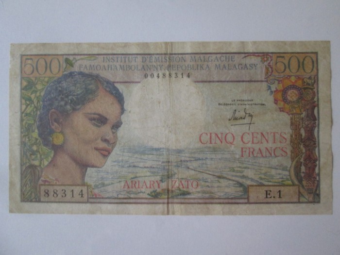 Rara! Republica Malgasa/Madagascar 500 Francs 1966,bancnota din imagini
