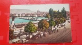 F969T-I-Carte postala veche GENEVA-Pontul MONT BLANC cu atelaje si multe personaje perioada interbelica stare buna, 14/9 cm.