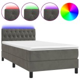 Cumpara ieftin Pat cu arcuri, saltea si LED, gri inchis, 90x200 cm, catifea