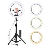 Lampa Circulara LED Ring Light 56 cm cu Trepied 200 cm, 3 Moduri Lumina, 3 Suporturi Telefon, Alba