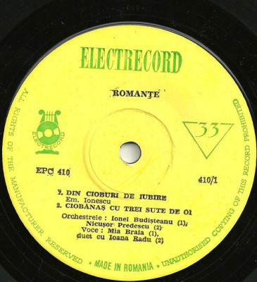 Disc vinil Various - Romanțe -Electrecord- EPC 410 foto