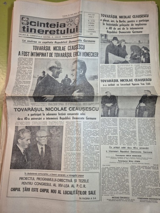 ziarul scanteia tineretului 7 octombrie 1989 - vizita lui ceausescu in germania,interviu emerich jenei