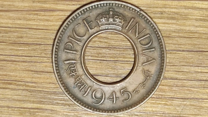 India Britanica -moneda de colectie- 1 pice 1945 - moneda deosebita din bronz