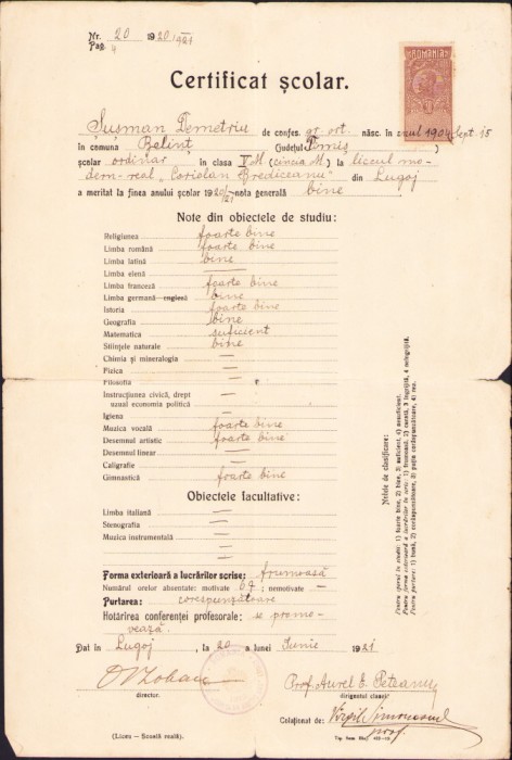 HST A938 Certificat școlar 1921 Lugoj