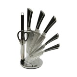 Set cutite bucatarie 8 piese cu suport rotativ acrilic, foarfeca si pila ascutit, lama otel 3Cr13, maner otel 18/0 negru Breckner Germany