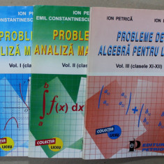 PROBLEME DE ANALIZA MATEMATICA de ION PETRICA , EMIL CONSTANTINESCU , DUMITRU PETRE , ION LAZAR , VOLUMELE I- III , CLASELE XI si XII , 1993