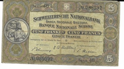 Bancnota 5 francs 1949 - Elvetia foto