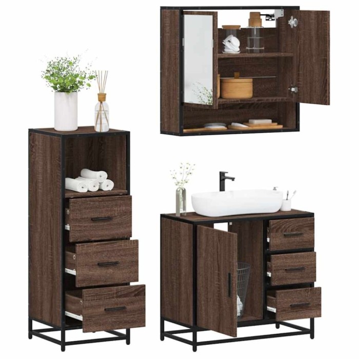 vidaXL Set mobilier de baie, 3 piese, stejar maro, lemn prelucrat 3301049