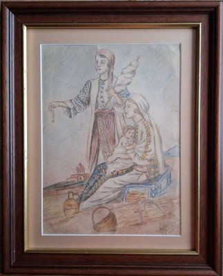 Mirela Liucă-Femei &amp;icirc;n costum popular, desen &amp;icirc;n creioane, 1942 foto