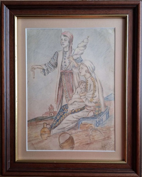 Mirela Liucă-Femei &icirc;n costum popular, desen &icirc;n creioane, 1942