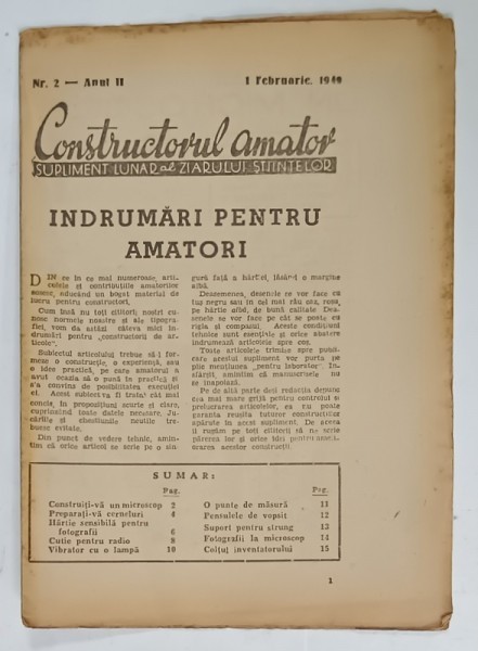 CONSTRUCTORUL AMATOR , SUPLIMENT LUNAR AL ZIARULUI STIINTELOR , NR. 2 , 1949