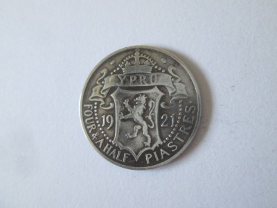 Cipru 4 1/2 Piastres 1921 argint cu patina frumoasa regle George V,diametrul=19 mm,greutate=2.80 grame,cel mai mic pret de pe site foto