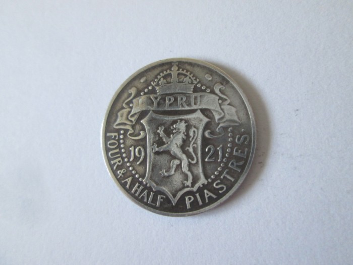 Cipru 4 1/2 Piastres 1921 argint cu patina frumoasa regle George V,diametrul=19 mm,greutate=2.80 grame,cel mai mic pret de pe site