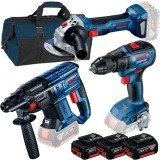 Bosch GBH 180-LI + GSR 18V-50 + GWS 180-LI + GBA - Rotopercutor SDS-Plus 2 J + Masina de gaurit si insurubat 50 Nm + Polizor unghiular 125 mm + Set 3