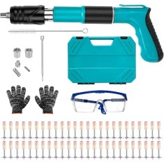 Set pistol manual, 3 niveluri de putere, unelte pentru fixarea cuielor pe beton, lemn, metal, 33 cm, include 100 cuie rotunde, accesorii, ochelari de