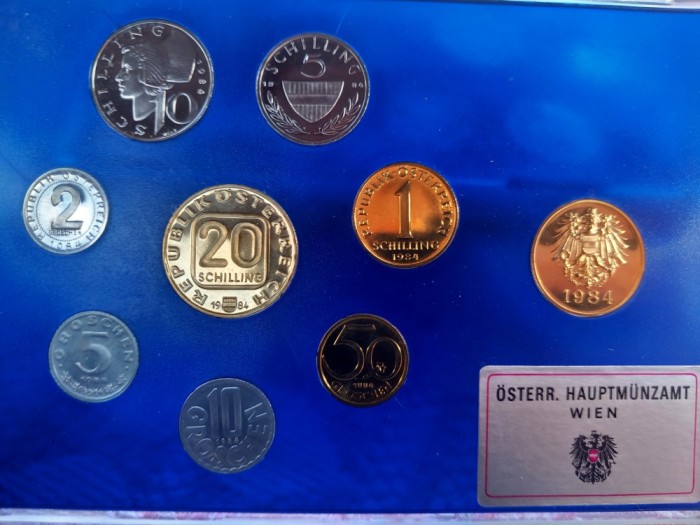 SET 8 MONEDE AUSTRIA + MEDALIE - 1984 - DE LA 2 GROSCHEN LA 20 SCHILLING PALATUL GRAFENEGG - MONEDE PROOF