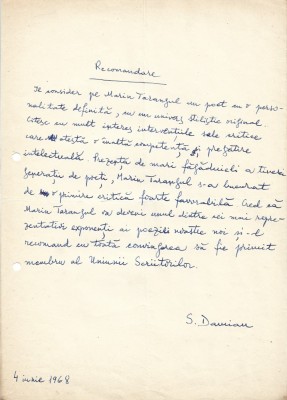 A3453N Document scris și semnat olograf de Sami Damian referitor la Maria Tarangul, 1968 foto
