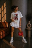 Tricou dama alb din bumbac cu imprimeu fetita cu bentita rosie