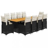 Cumpara ieftin Set bistro de gradina, 11 piese, cu perne, negru, poliratan