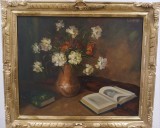 G. K&aacute;rolyi-Natură statică cu flori şi cărţi, pictură veche pe p&acirc;nză, licitată