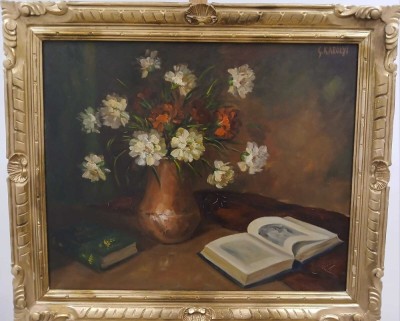 G. K&amp;aacute;rolyi-Natură statică cu flori şi cărţi, pictură veche pe p&amp;acirc;nză, licitată foto