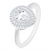 Inel de logodnă argint 925, lacrimă șlefuită transparentă &icirc;n contur dublu - Marime inel: 46