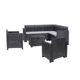 Set mobilier gradina coltar Leziter Nero V 7 locuri, Plastic tehn ratan, Antracit, Rezistent intemperii, Extensibil
