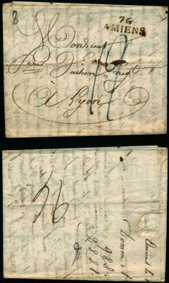 France 1824 Rare Stampless Cover + Content 76 Amiens Lyon D.1070 foto