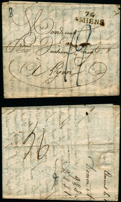 France 1824 Rare Stampless Cover + Content 76 Amiens Lyon D.1070
