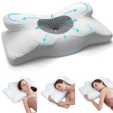 Perna Ortopedica Cervicala pentru dormit Linomag&reg;, Spuma cu Memorie, Forma de fluture, Husa lavabila, Suport pentru cap, gat, umeri si brate, Alb/Gri