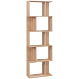 HOMCOM Bibliotecă cu 5 Rafturi Separate cu Spațiu de Economisire &icirc;n Formă de S din Lemn, 60x24x184,5 cm, Lemn Natural | Aosom Romania