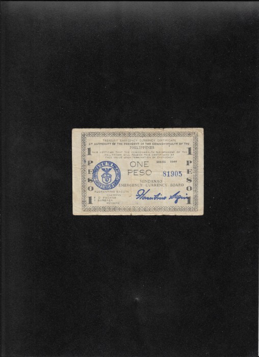 Rar! Filipine Philippines Mindanao 1 peso 1944 seria81905