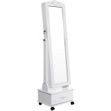 Oglinda cu dulap pentru bijuterii, LED, roti si cheie, alba, 35x45x156 cm