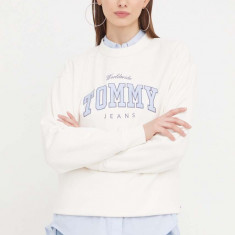 Tommy Jeans hanorac de bumbac femei, culoarea alb, cu imprimeu DW0DW17339