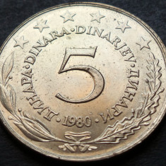 Moneda 5 DINARI - RSF YUGOSLAVIA, anul 1980 *cod 3104 = LUCIU de BATERE - UNC