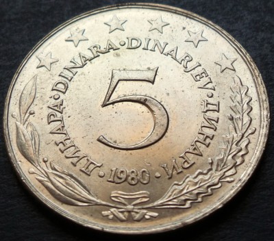 Moneda 5 DINARI - RSF YUGOSLAVIA, anul 1980 *cod 3104 = LUCIU de BATERE - UNC foto