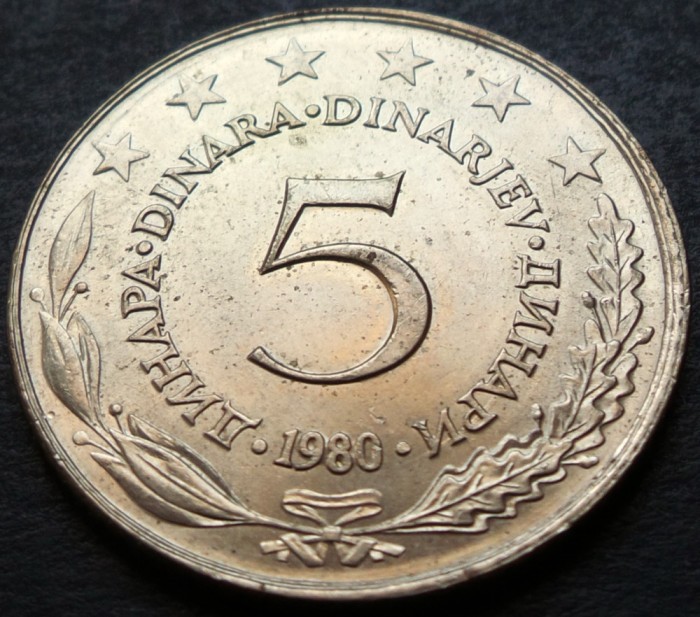 Moneda 5 DINARI - RSF YUGOSLAVIA, anul 1980 *cod 3104 = LUCIU de BATERE - UNC