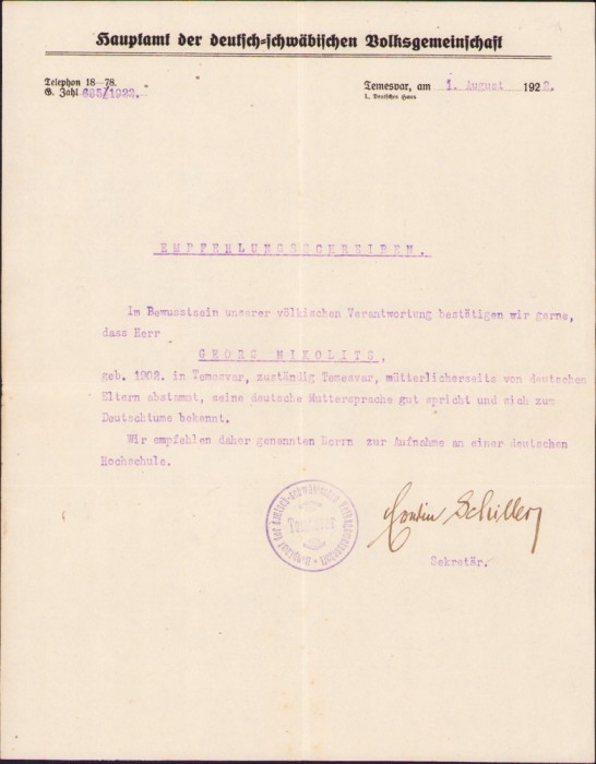 HST A889 Scrisoare de recomandare 1922 Deutsch-schwabischen Volksgemeinschaft