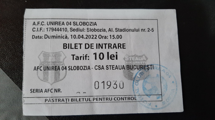 Bilet Unirea Slobozia - CSA Steaua