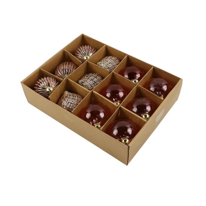 Globuri de Craciun, roz, HS96660, 8 cm, sticla, rotunde, set 12 bucati