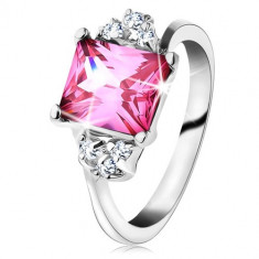 Inel strălucitor de culoare argintie, zirconiu dreptunghiular de culoare roz - Marime inel: 60